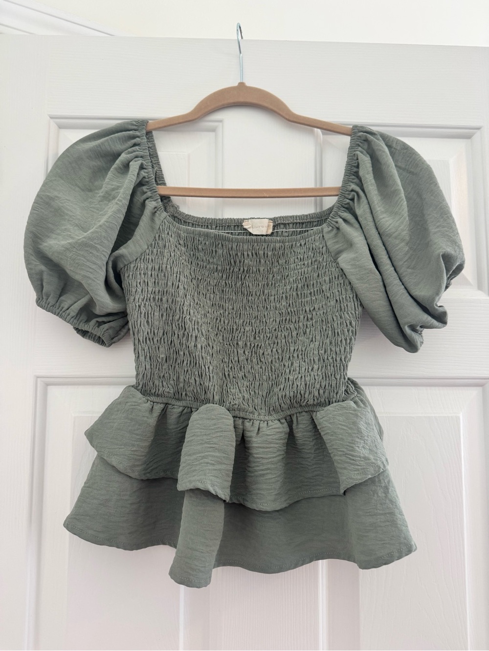 Altar'd State Sage Green Smocked Peplum Puff Sleeve Top